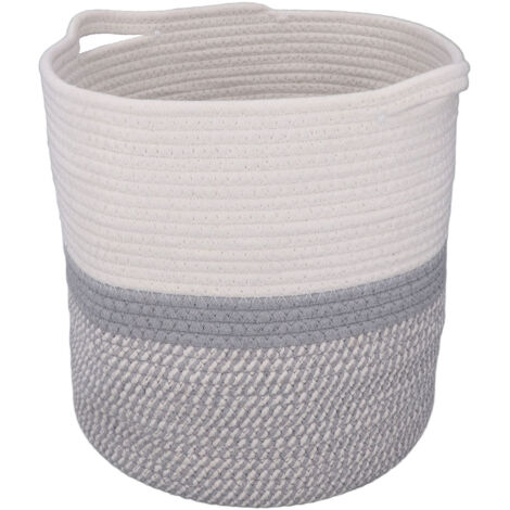 Woven Laundry Basket Cotton Rope Multifunctional Clothes Storage Hamper with Handles Household Decor 30cm Round White and Mixed Gray