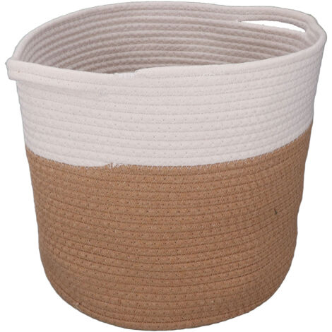 Woven Laundry Basket Cotton Rope Multifunctional Clothes Storage Hamper with Handles Household Decor 30cm Round Yellow and White