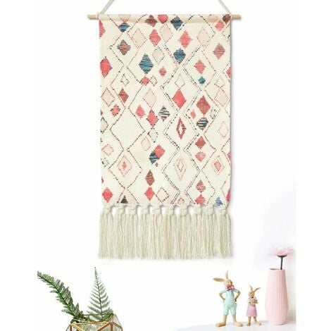 Woven Macrame Boho Wall Tapestry, Boho Chic Wall Decor, Handmade Bohemian Geometric Rhombus Tapestry Wall Art Decor for Dorm Home Apartment Bedroom Decor, 15.7 '' l x 23.62 '' l