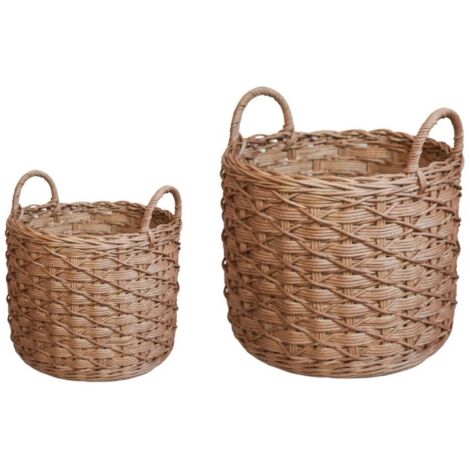 Woven Round Rattan Log Basket with Handles (Set of 2) - Brown