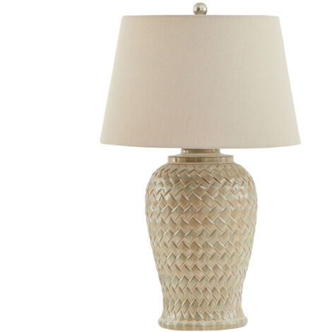 Woven Table Lamp with Linen Shade - Ceramic - L40 x W40 x H74 cm - White