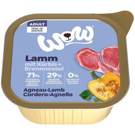 WOW  Cibo umido per cani  Vassoio 150g - WOW Agnello con Kürbis - agnello con zucca e ortica 150g