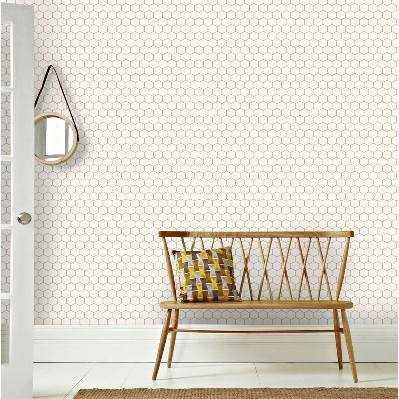 WOW - Papier peint intissé Hexagone Geo 1005 x 52cm Blanc, cuivre