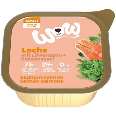 WOW  Nassfutter für Hunde  Schale 150 g – WOW Lachs – Lachs mit Löwenzahn und Brennnessel 150 g