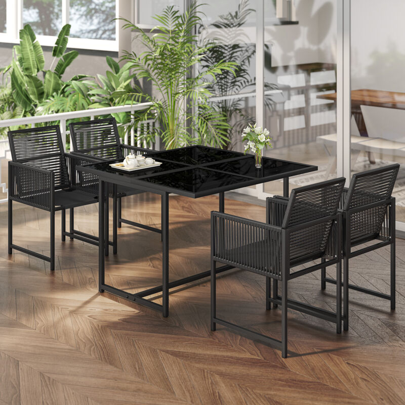 Wowttrelax Salon de Jardin extérieur 4 Personnes en Acier Ensemble Table et chaises 5 pièces avec 1 Table à Manger et 4 chaises avec Dossier Pliable