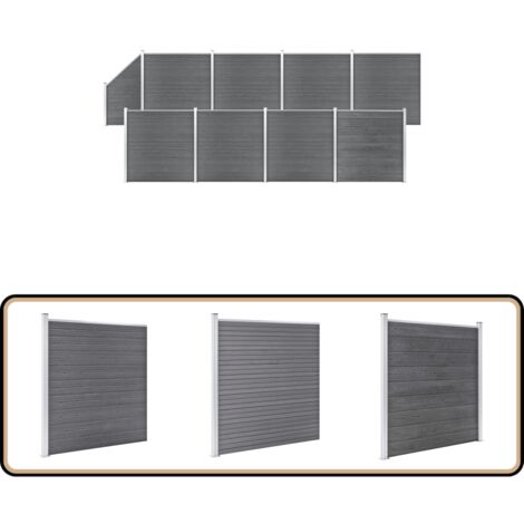WPC Zaun-Set 8 Quadrate + 1 Schräge 1484x186 cm Grau - Holz Zaun - Gartenzaun - WPC Zaun - Privacy Screen - Terrasse Zaun
