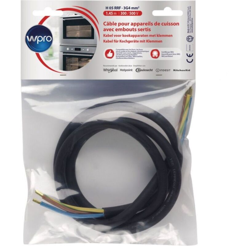 Cavo Wpro H05 rrf 3G4 senza socket - Lunghezza totale: 1,45 m per dispositivi di cottura inferiore 5750 watt.