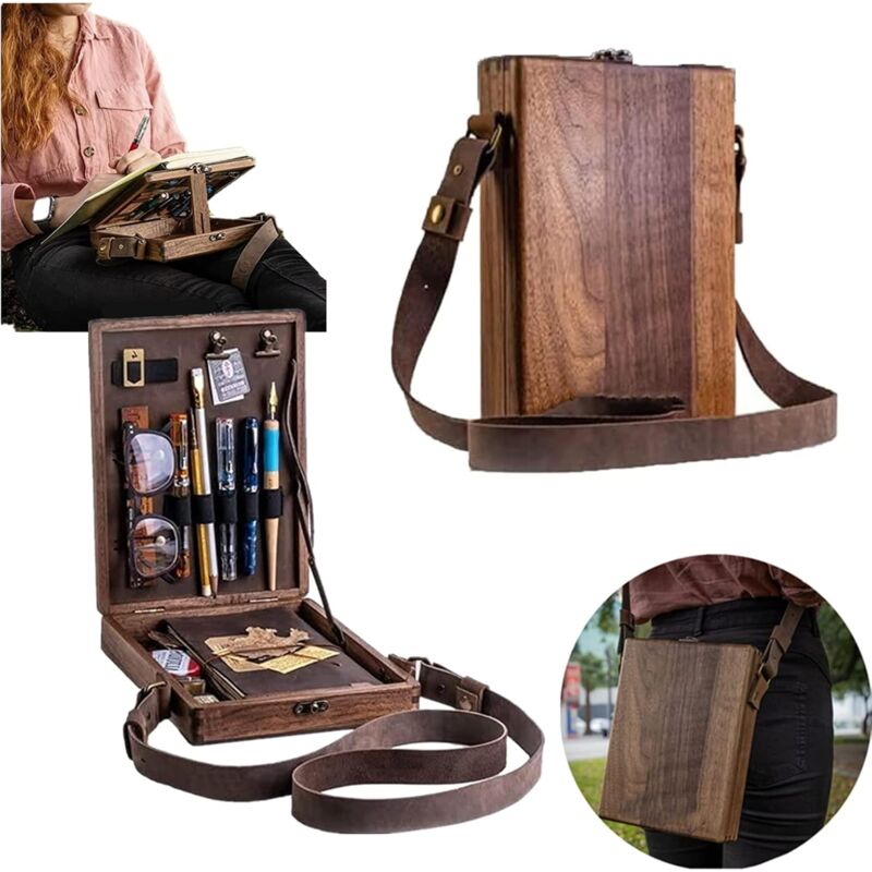 Writers Messenger Wood Box, Multifunctional Wooden Handmade Crossbody Postman Bag Portable Artist Tool Bag Painting Brush Tool Storage Sketch Box