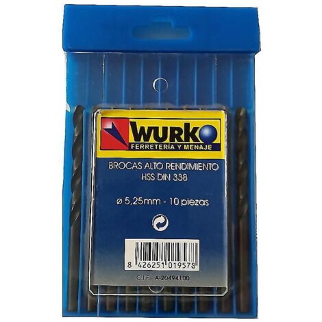 WURKO broca acero hss 5,25 mm afiladas caja 10 , Set de 10 brocas de acero HSS para metalGrosor de 5,25mmDIN 338NMango cilindrico.