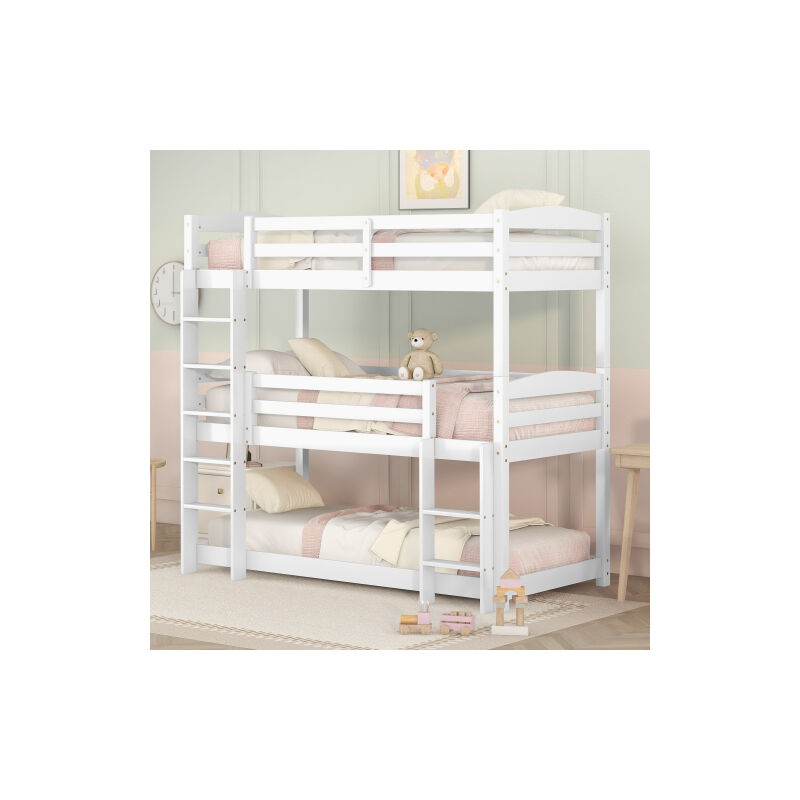 Okwish - Lit superposé 90x200 cm lit simple triple avec barrière de protection et échelles, pour enfants, en bois, sans matelas, blanc