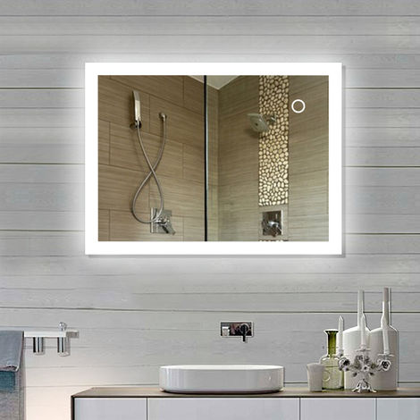 WYCTIN® Espejo de baño rectangular, blanco frío, antivaho, con interruptor táctil, 70 * 50cm