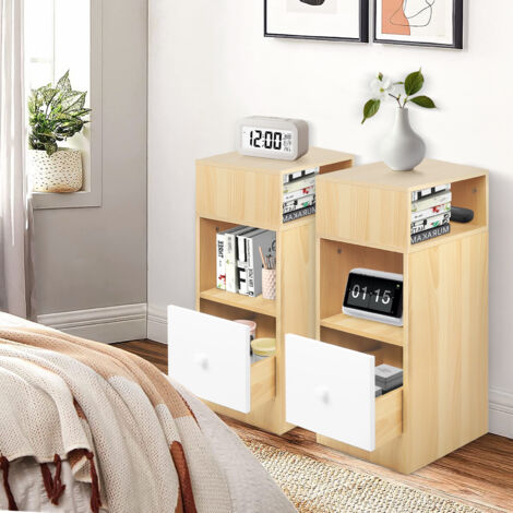 Wyctin – Lot de 2 tables de chevet étroites en chêne clair – 1 tiroir et 2 compartiments ouverts – Dimensions 25x30x66cm – Meuble décoratif pour chambre et salon