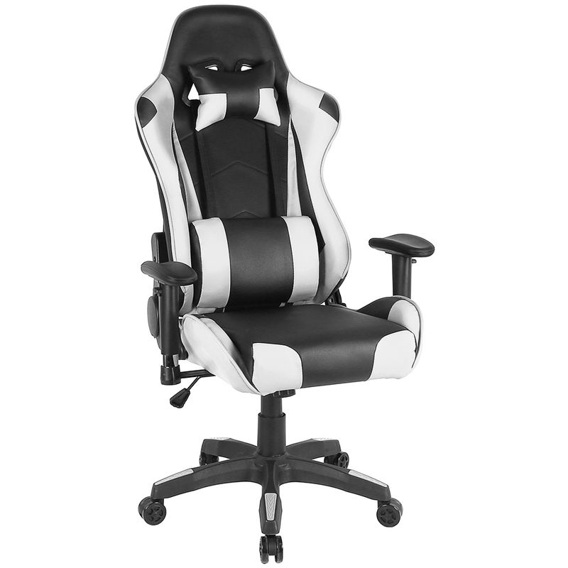 

® Silla de oficina, silla gaming con reposabrazos, reposacabezas y almohada lumbar, regulable en altura, Negro y blanco - Wyctin