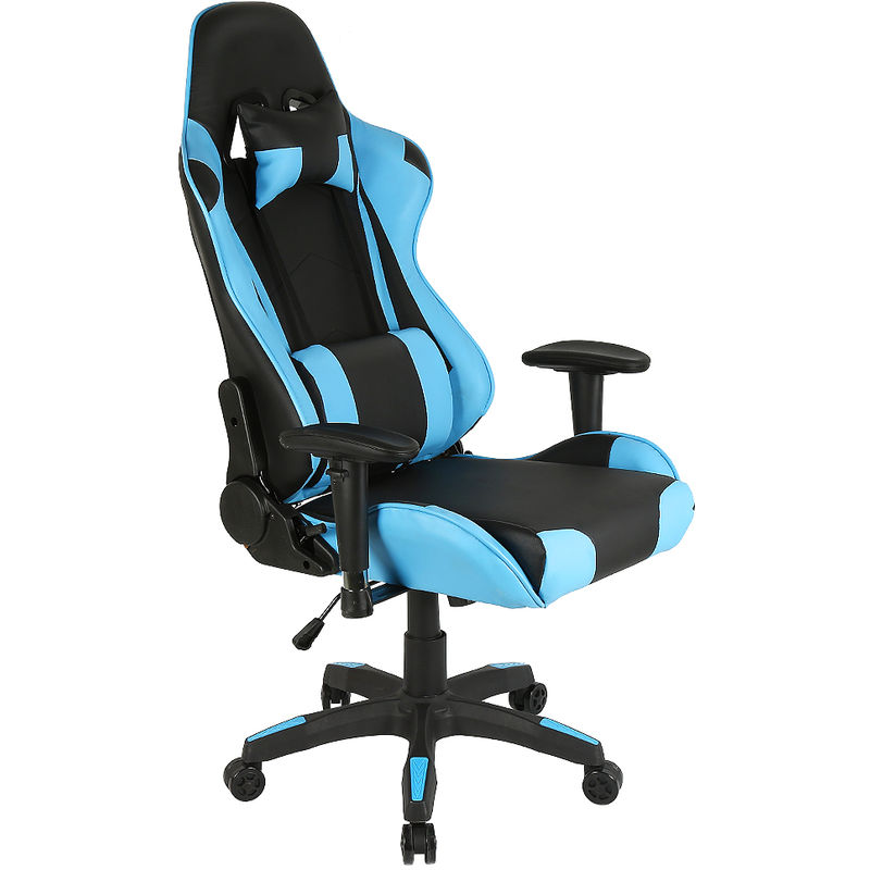 

® Silla de oficina, silla gaming con reposabrazos, reposacabezas y almohada lumbar, regulable en altura, Negro y celeste - Wyctin