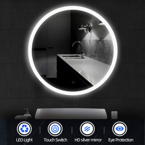 WYCTIN® Specchio da parete rotondo luminoso da 60 cm (∅) Illuminazione bagno a LED con funzione antiappannamento Cool white 6500K