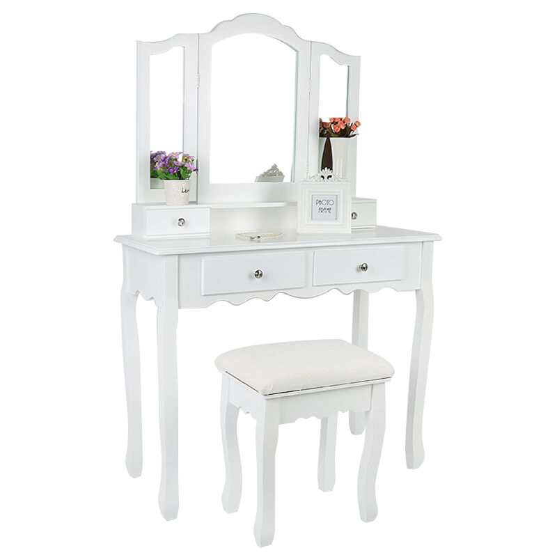 

®Tocador,Tocador de estilo europeo con taburete,Color Blanco, Madera,3 espejos, 4 cajones - Wyctin
