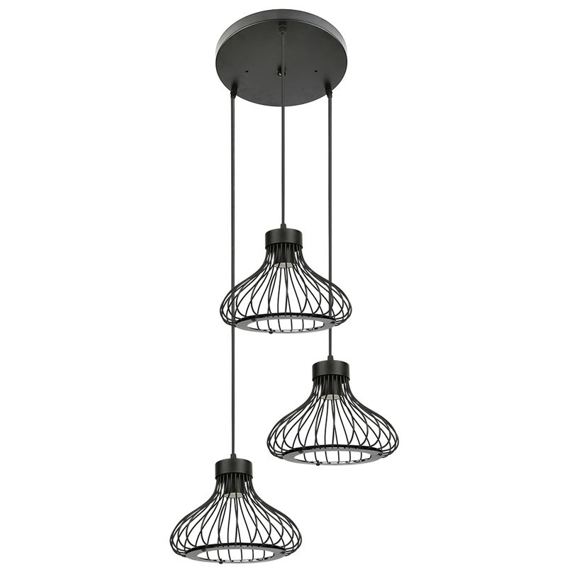 

® Un conjunto de 3 lámparas modernas, forma de jaula de metal negro, araña de estilo industrial retro (portalámparas en forma de bandeja) - Wyctin