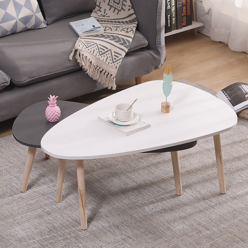 

Mesitas de café, Mesa de Centro, Mesa Auxiliar,Blanco grande y gris pequeño,patas de madera ovalada,grande 98 * 61 * 39 cm,pequeña 88 * 48 * 33 cm