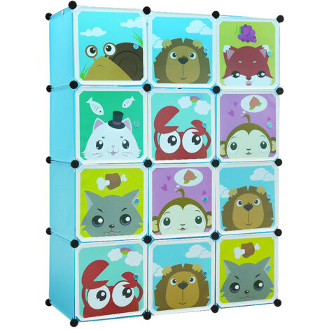 WYCTIN®Armario de plastico-azulm,Dibujos animados,2 varillas para colgar,4 pisos y 12 puertas,111 x 37 x 147cm