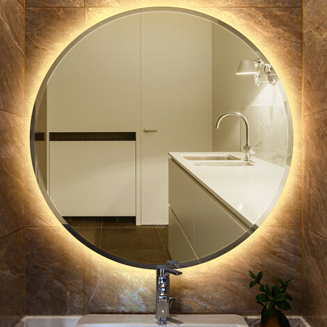 WYCTIN®Espejo de baño,Espejo de baño redondo antivaho,espejo de baño LED Touch-Blanco cálido,Bisel,60 x 60 x 4.5cm