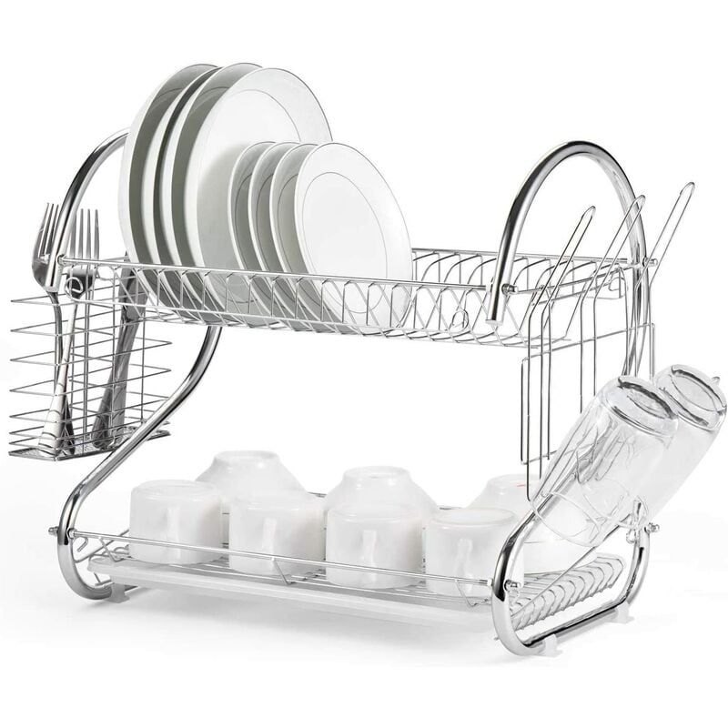 Hofuton Egouttoir à Vaisselle à 2 Niveaux, Inclus de Porte-Baguettes, Porte Gobelet, Planche à Découper etc, avec Planche Récupérateur d'Eau, 40cm x