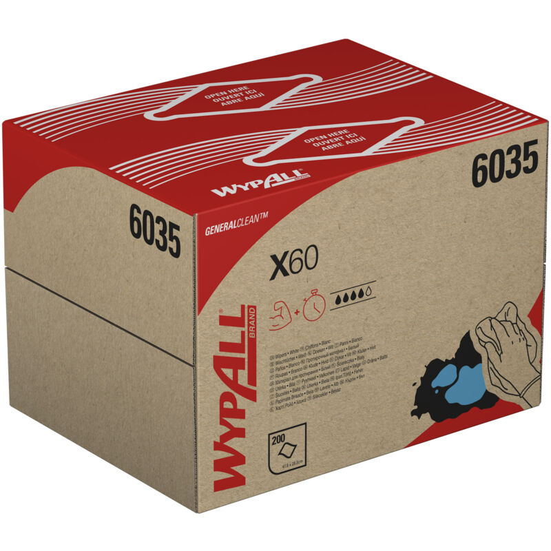 Chiffons Wypall X60 General Clean 6035 – Chiffons blancs – 1 boîte brag x 200 chiffons de nettoyage blancs
