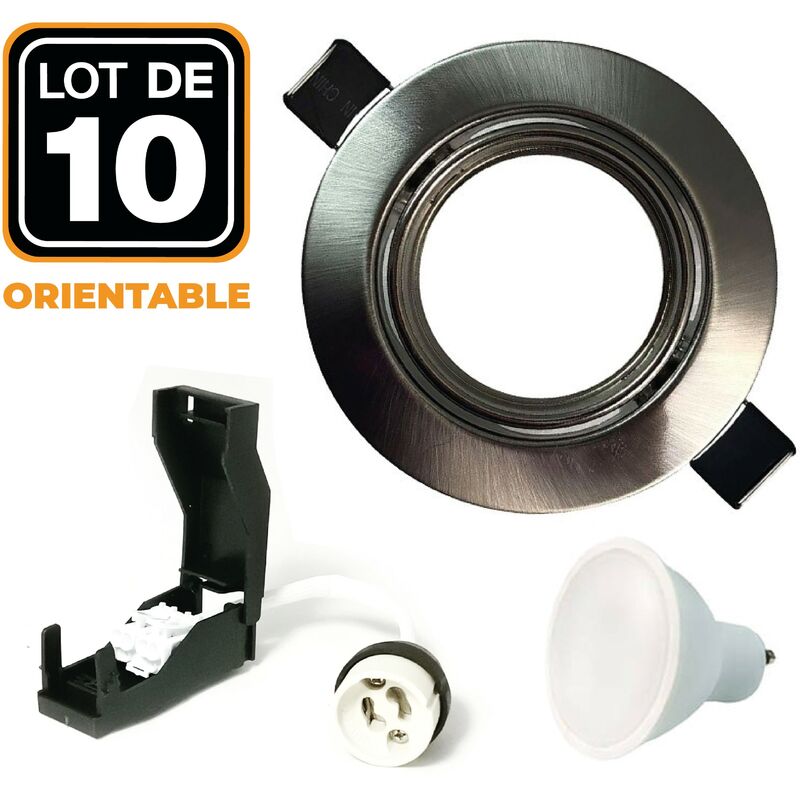 

10 Spots encastrable orientable Alu Brossé avec GU10 LED de 5W eqv. 40W Blanc Chaud 2700K