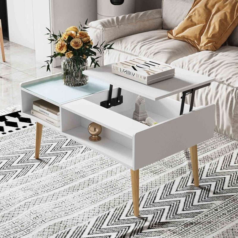 Makika - Table de Salon avec Plateau Relevable pour Salon en Blanc