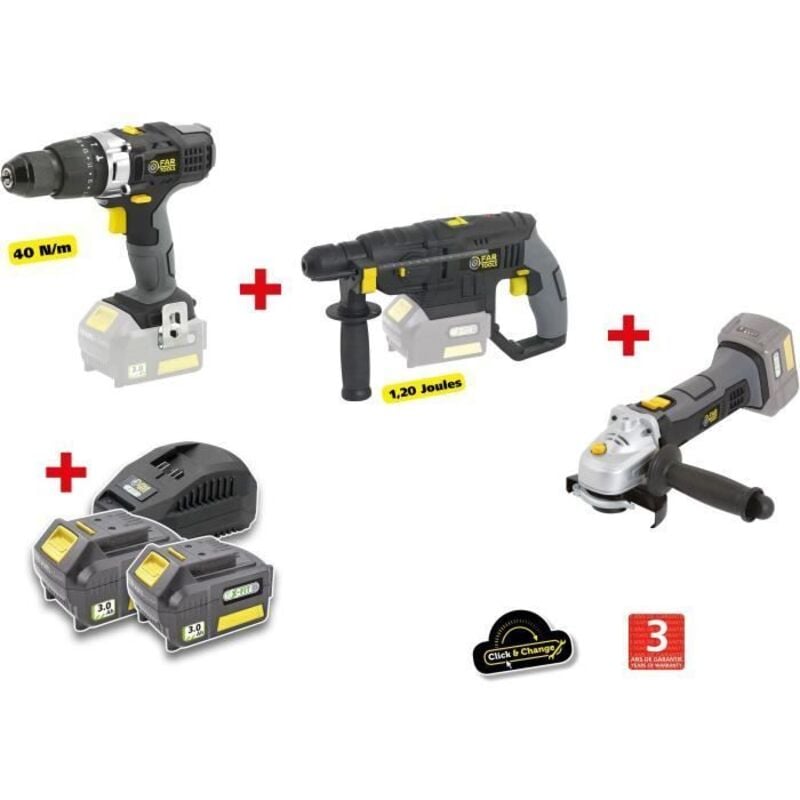 Fartools - x-fit pack gros oeUVRE 3 machines 18V + 2 batteries 18V 3.0Ah : Perceuse percu/visseuse + Marteau Perfo + Meuleuse dangle