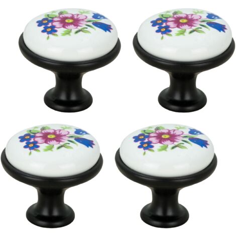 x runder schwarzer Möbelknopf mit Keramik und Retro-Blumenmuster