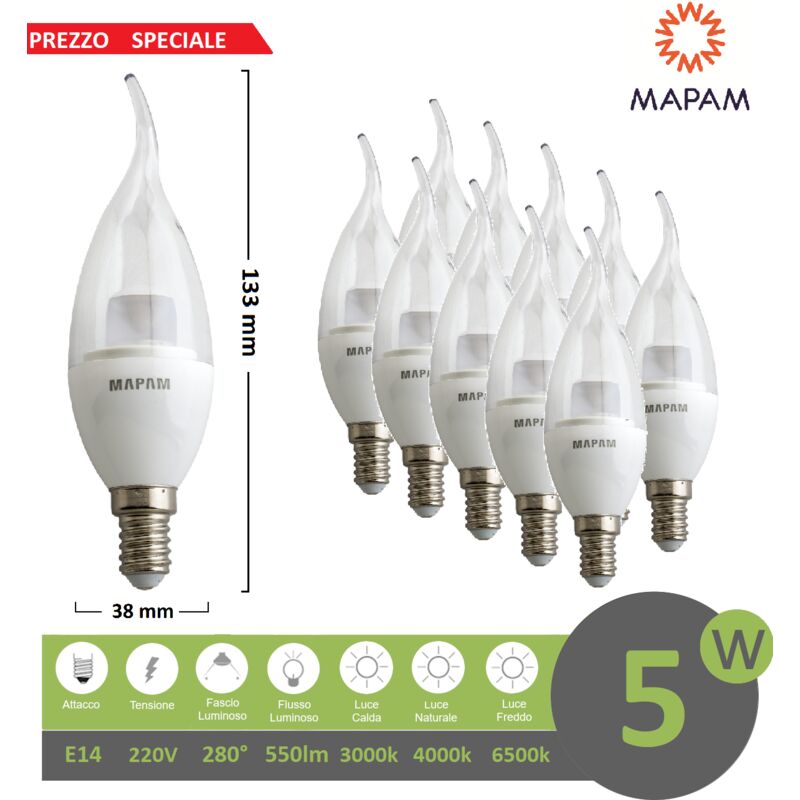 Image of X10 Lampadina led 5w E14 candela trasparente attacco piccolo luce bianco naturale calda Mapam Luce Calda