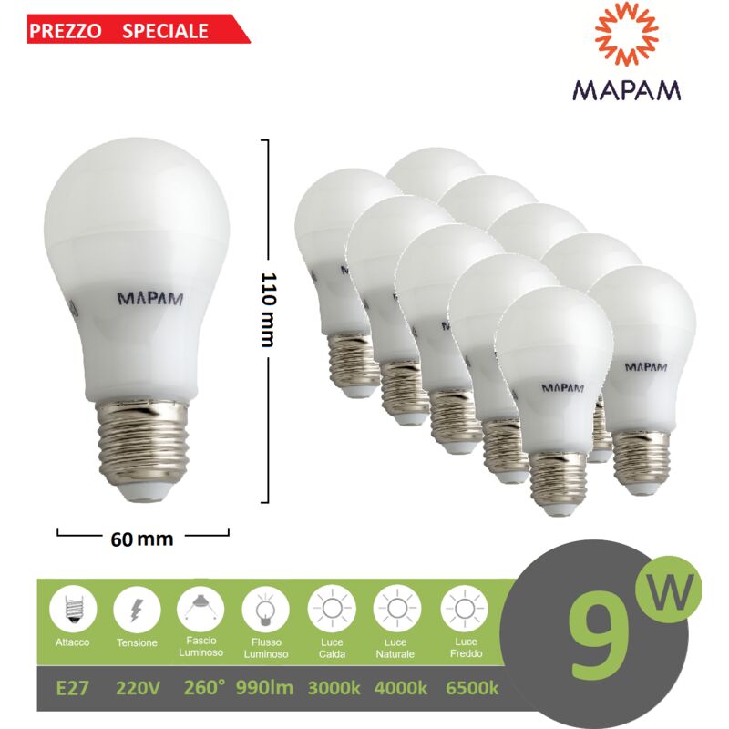 Image of X10 Lampadina led E27 bulbo A60 9w attacco grande globo luce bianca naturale calda Mapam Luce Calda