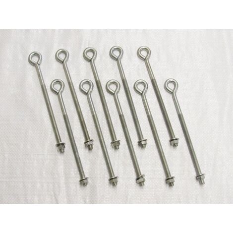x10 M10 X 250MM Zinc Plated Folded Straining Eyebolts Nut & Washer - Wire Support Fencing Straining