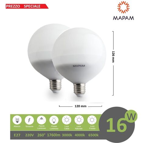 X2 Lampadina led E27 globo G120 16W attacco grande luce bianca naturale calda Mapam palla sfera Luce Fredda