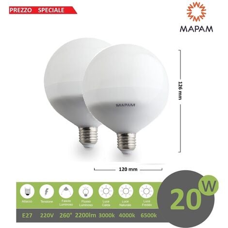 X2 Lampadina led E27 globo G120 20w attacco grande sfera palla luce calda Mapam Calda