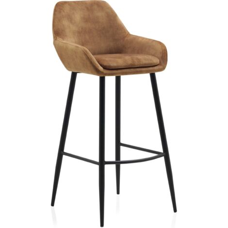 x2 Tabourets haut marron assise confortable pieds métal noir - marron clair effet velours