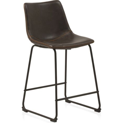 x2 Tabourets marron assise tissu aspect cuir pieds métal noir élégant - marron effet cuir