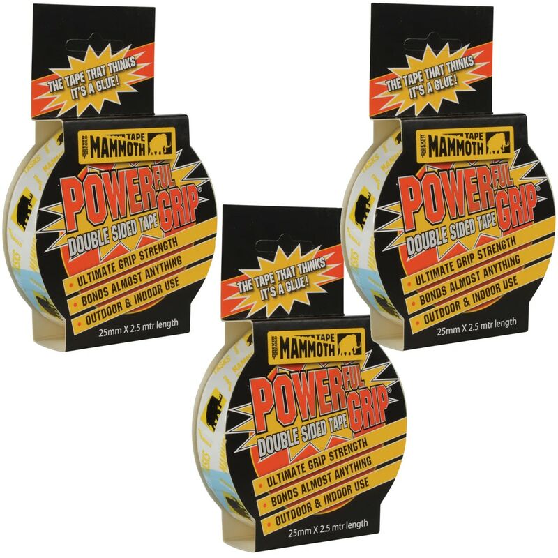 x3 25mm Mammoth Powerfull Grip Double Sided Tape Extra Strong 2.5m - Everbuild