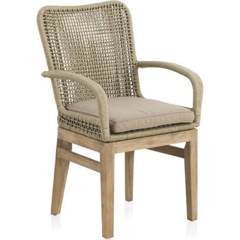 x4 Fauteuil en bois d'acacia et corde naturelle avec coussin confortable - bois naturel et corde taupe