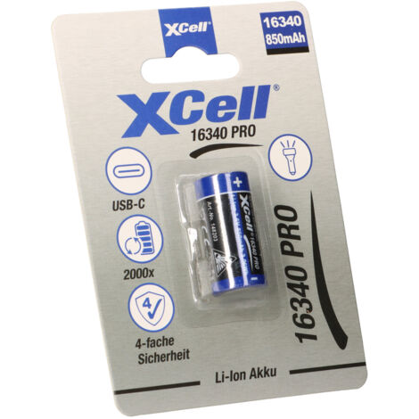 XCell CR123A 16340 Pro Li-Ion Akku 3,6V 850mAh mit USB-C