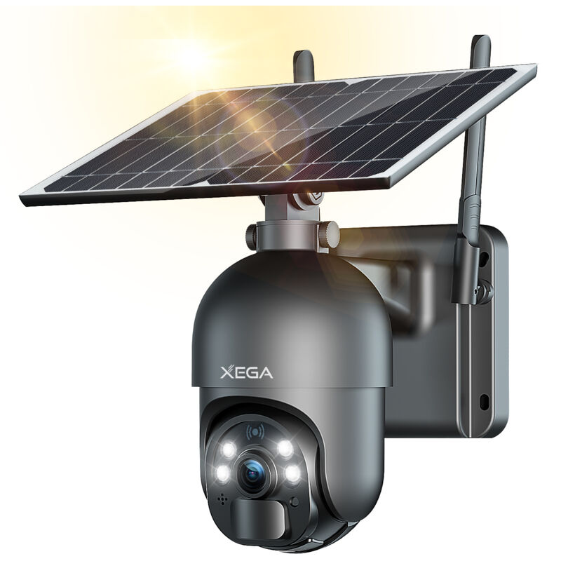 Xega 3G/4G LTE Caméra de sécurité extérieure sans Fil à énergie Solaire, inclinable à 355°/95°,2K capteur de Mouvement PIR, Vision Nocturne,