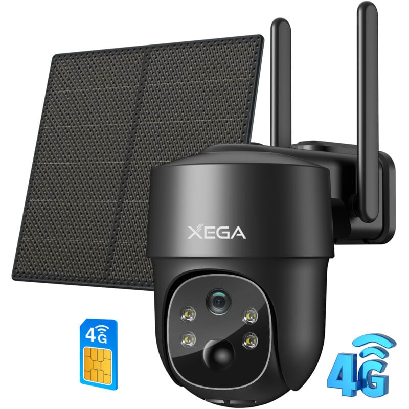 Xega 3G/4G LTE Caméra Surveillance Solaire avec Carte Sim, 2K HD 4G Caméra Extérieure sans Fil inclinable à 355°/90°, Vision Nocturne, Détection de