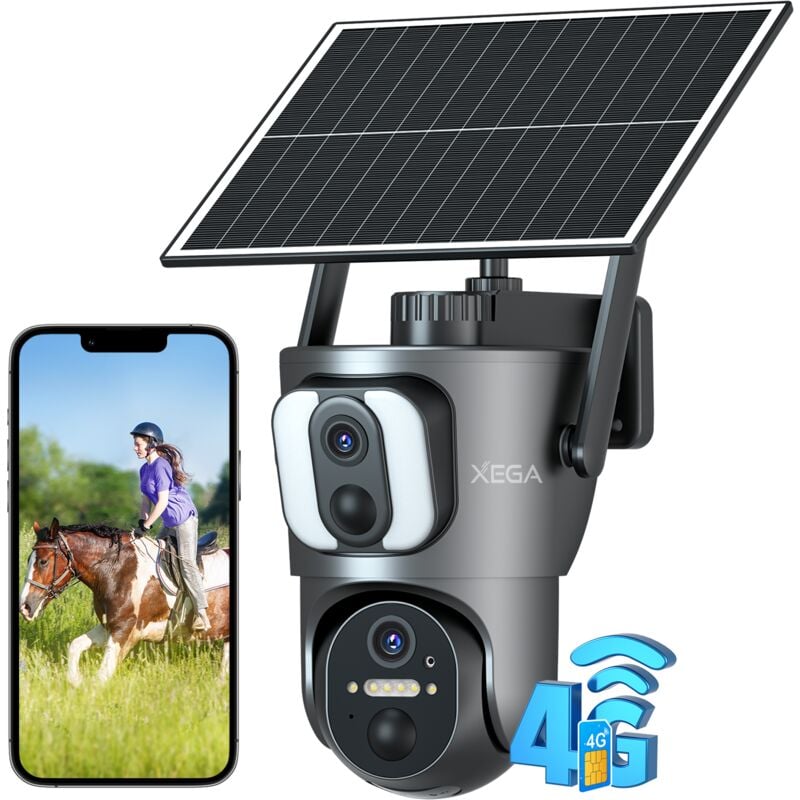 Xega Caméra de surveillance 4G LTE solaire 2 objectif 2K HD, détection humaine, vision nocturne, rotation 355°/100°, batterie 14400mAh, carte SIM