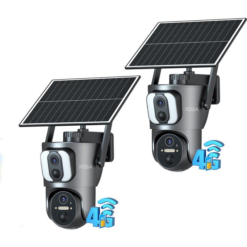 Lot de 2 Caméra de surveillance 4G lte solaire 2 objectif 2K hd, détection humaine, vision nocturne, rotation 355°/100°, batterie 14400mAh, carte sim