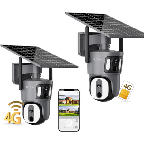 Xega Lot de 2 Caméra de surveillance 4G solaire 2 objectif Vision grand angle, PTZ 355°/100°, autonomie prolongée, carte SIM 300 Mo incluse