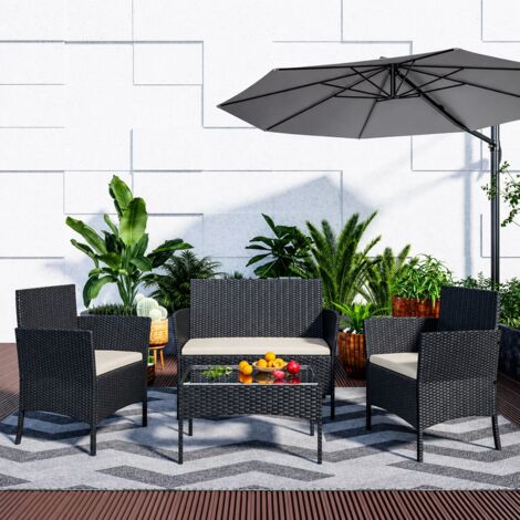 Xhomrattan Salon de jardin  résine tressée imitation rotin  4 personnes  avec 2 Fauteuils, 1 Canapé et 1 Table  Noir