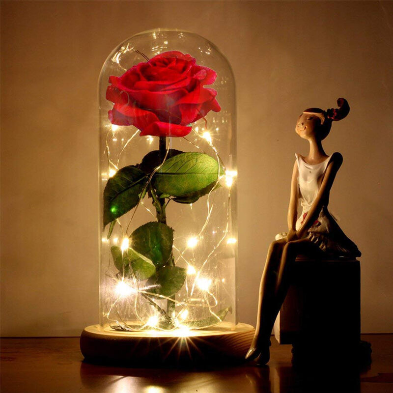 Xichao - La Rose Eternelle et lumière led "Belle et la bête ", meilleur cadeau pour la fête des mères la fête d'anniversaire usb