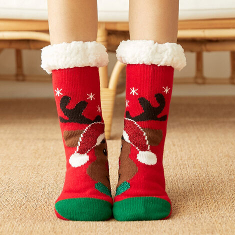 XIDJUIKM- Chaussons Chaussettes Antidérapantes Chaussettes Pantoufle Chaude Chaussons Epaisses Hiver Chaussettes Slipper à La Maison au Bureau Cadeau de Noël - Cerf élaphe