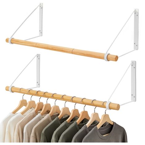 XJYMCOM 2PCS Wall Mounted Clothes Rail 80cm Towel Rails Wood Wall Wardrobe Coat Rack Hanging Display Holder for Hallway Furniture Bedroom Laundry Bathroom White