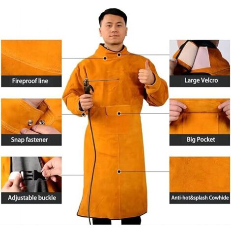 (XL-105cm) Grembiule da saldatore unisex in pelle bovina - giallo con maniche e colletto, grembiule protettivo per lavori in officina, resistente a scintille e calore